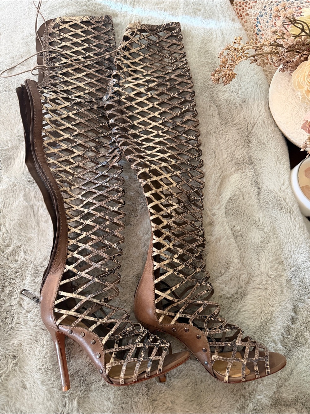SCHUTZ Brown Lattice Over-the-Knee Gladiator Stiletto Boots